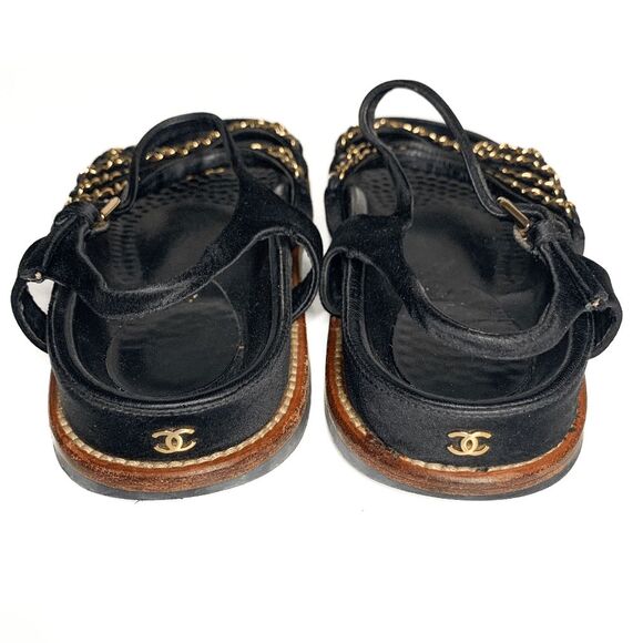 Chanel Interlocking CC Satin Chain Flat Dad Sandals EU 38.5 US 7.5-8 Black Gold - Picture 10 of 12